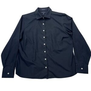 Lands End Button Down Shirt Women 14P Navy Blue Wrinkle Free Broadcloth Long Slv